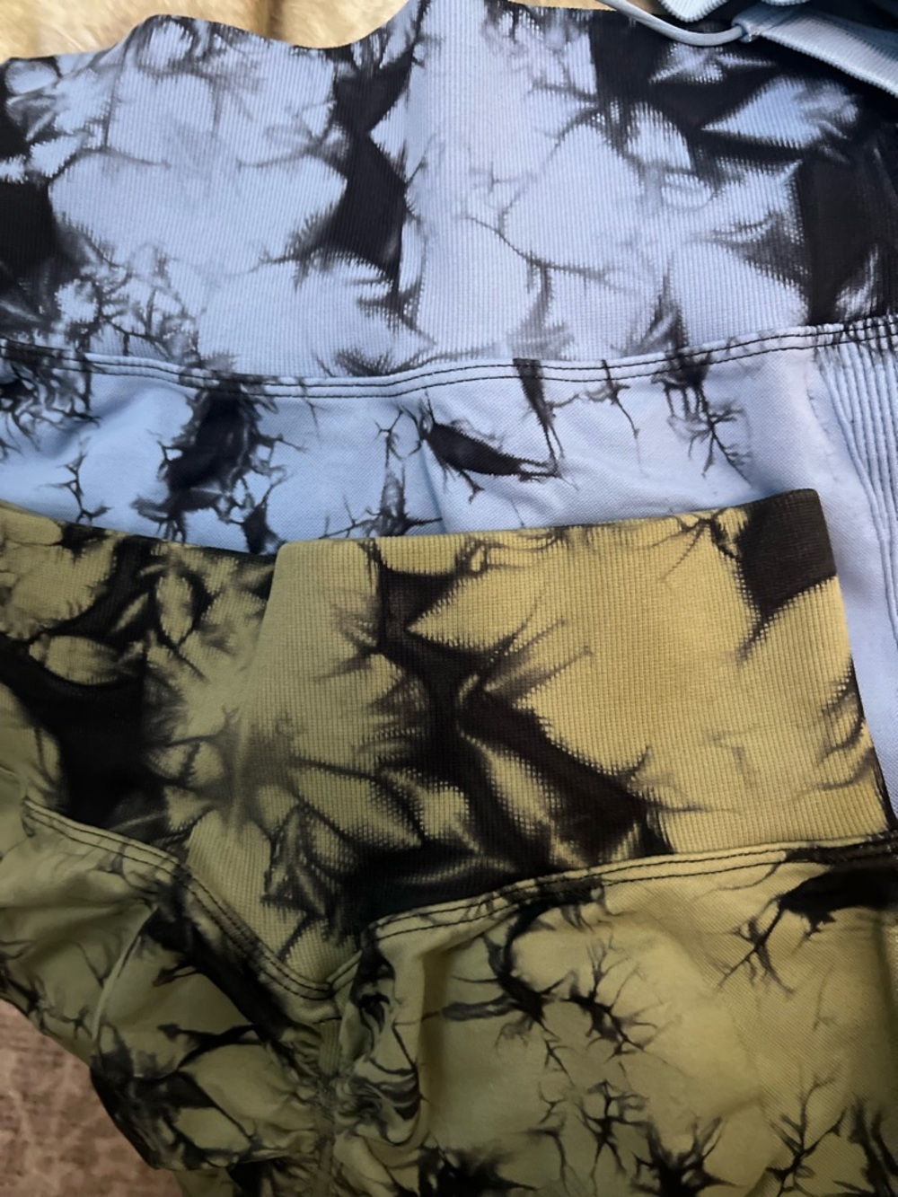 2 Tie-Dye Booty Scrunch Shorts - Blue/Black and Olive/Black-